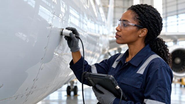 Professional aircraft technician conducting ultrasonic testing inspection of airplane fuselage in maintenance hangar