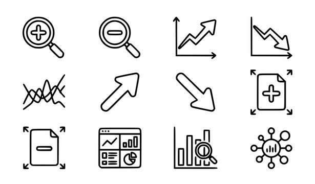 Zoom in and zoom out data analysis line icon set vector illustration