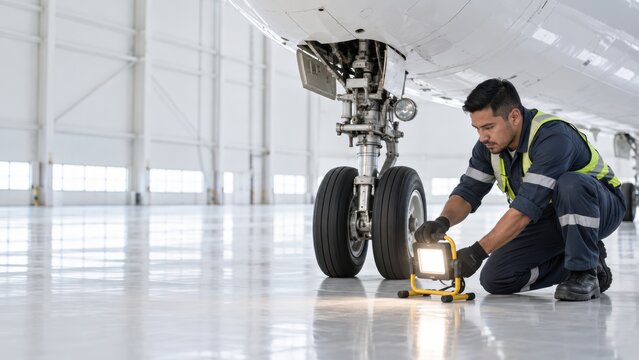 Professional aircraft mechanic inspecting airplane landing gear components in maintenance hangar facility