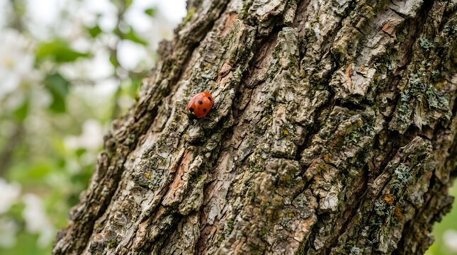 Red ladybug crawls on textured tree bark in a spring garden setting