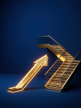 A minimal luxury CGI scene featuring a glowing golden upward arrow pointing towards an illuminated staircase against a rich deep blue background, CGI, light, step