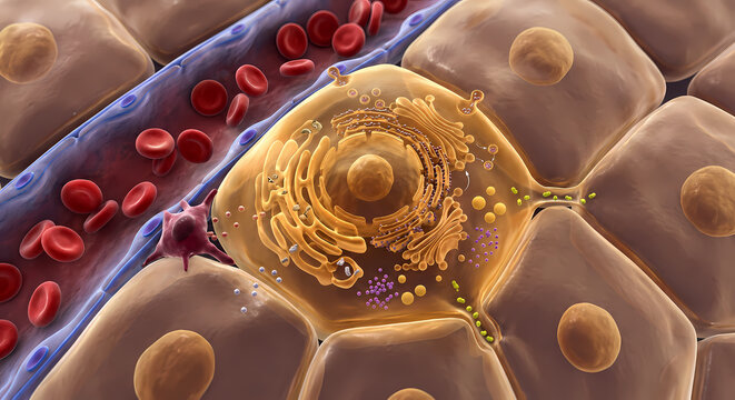 Microscopic 3D cutaway showing cellular organelle interaction, endoplasmic reticulum, Golgi apparatus, and blood capillary flow