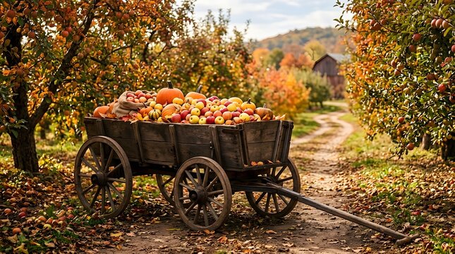 Rustic wooden cart overflowing with apples and pumpkins in autumn orchard