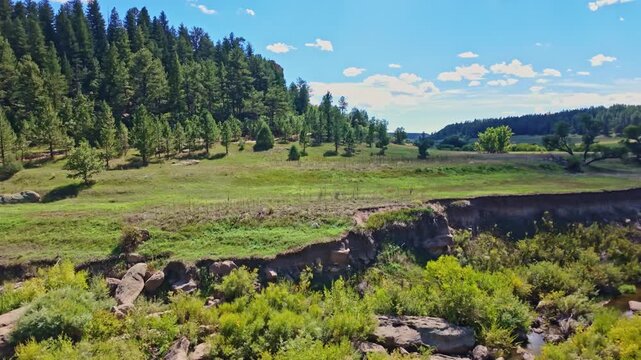 Rugged canyon rim and lush prairie creek valley stretch toward distant horizons at Castlewood Canyon State Park Colorado