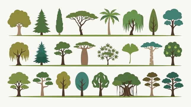 Diverse Tree Species Icon Set Vector Illustration. Collection of Different Types of Trees in Flat Design Style for Nature, Forest, Park, and Garden Graphics.