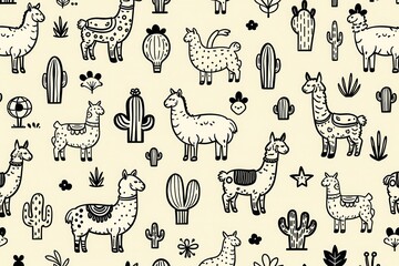 Fototapeta premium Black and white seamless pattern featuring cute llamas and various cacti on a beige background.