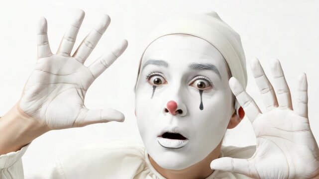 Surprised Mime Artist with White Face Paint, Red Nose, and Black Tear Drops