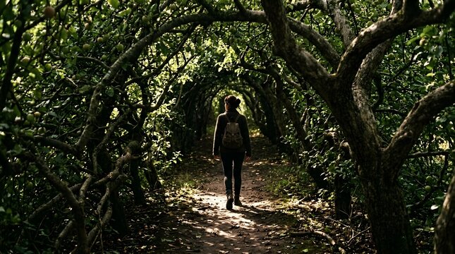 Woman walking along a rustic dirt path beneath a dark natural tree canopy tunnel
