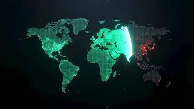 Seamless looping 3D animation of a digital earth map where a scanning light wave heals glowing red areas into emerald green representing carbon footprint tracking