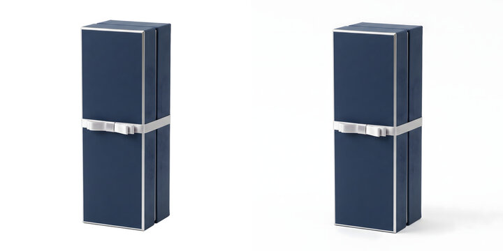 Tall gift box mockup in matte navy blue with silver edge trim and a wide silver satin ribbon and flat bow ready for luxury bottle packaging on white background