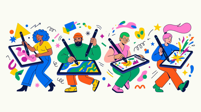 Creative Digital Artists Team working on graphic tablets with colorful abstract shapes, ideal for creative agency websites and design software marketing.