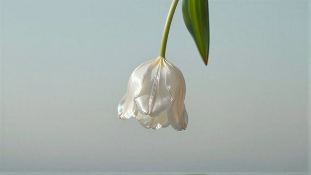 A single white tulip droops gracefully, its petals soft and delicate against a muted background.