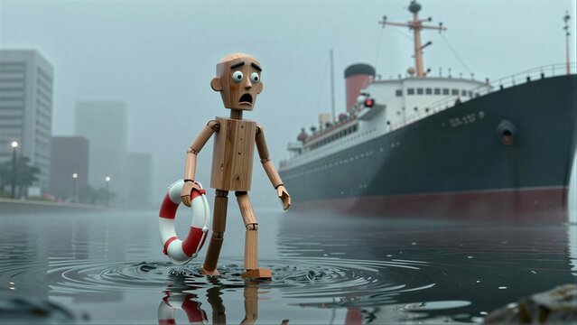 Wooden figure stands in water, holding life ring near large ship amid misty city backdrop.
