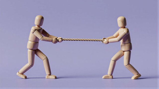 Two wooden figures pull a rope, symbolizing teamwork or competition.