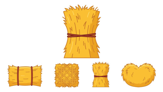 Bright yellow hay bales featuring various shapes, textured straw material, and tied brown ropes
