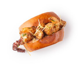 Shrimp and octopus seafood sandwich, top view, on a transparent background. © mario