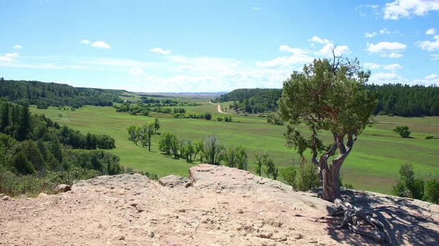 Rugged canyon rim and lush prairie creek valley stretch toward distant horizons at Castlewood Canyon State Park Colorado