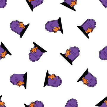 Seamless Halloween pattern with tombstones and zombie hands for festive design.
