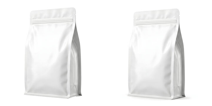 Pouch packaging mockup in blank white with a flat bottom and resealable zipper top for coffee protein powder or pet food products