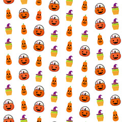 Obraz premium Halloween pattern with pumpkins and cupcakes
