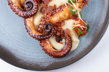 A succulent gourmet dish featuring three tentacles of cooked octopus, served with a creamy vegetable-infused potato purée. © mario