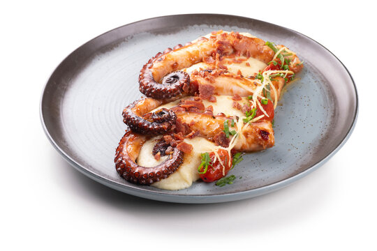 Close-up of a gourmet dish featuring three tentacles of cooked octopus served with vegetable-infused mashed potatoes; transparent background.