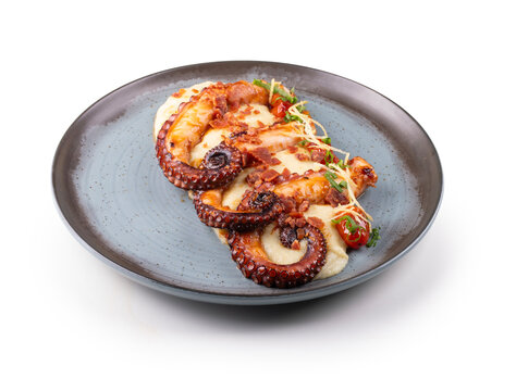 Succulent gourmet dish of three cooked octopus tentacles served with vegetable-infused mashed potatoes; isolated on a transparent background.