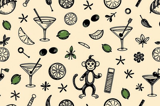Whimsical seamless pattern featuring martini glasses, citrus slices, olives, and playful monkeys on a beige background.