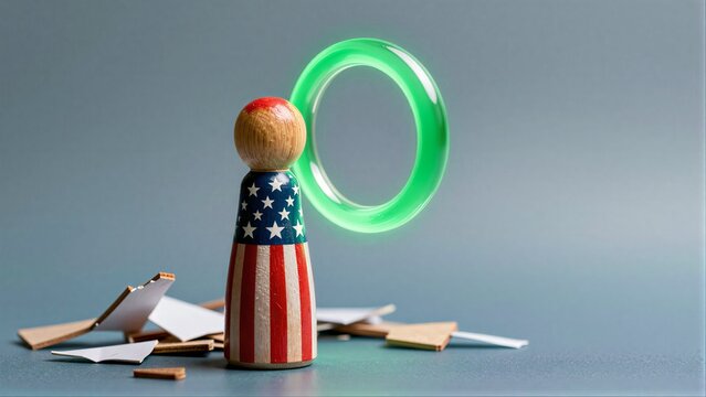 American flag pegman stands before glowing green ring, surrounded by shattered pieces.