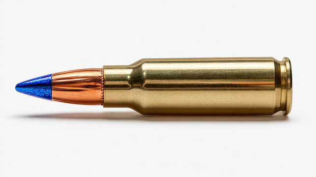 Single rifle bullet cartridge with blue polymer tip isolated on white