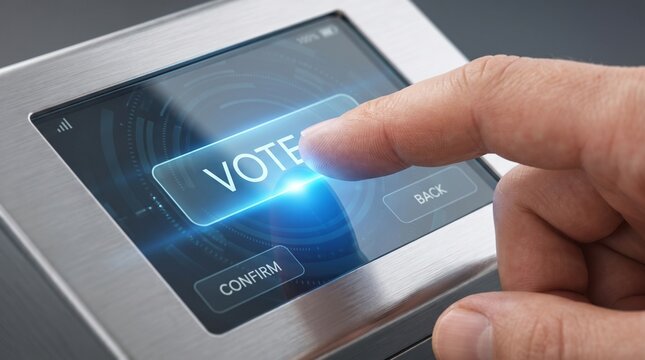 Finger pressing a digital vote button on a modern electronic