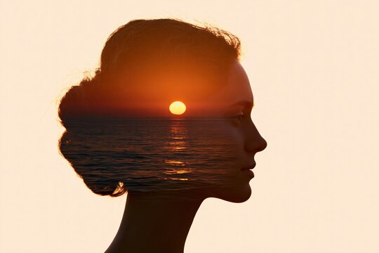 Woman silhouette in a creative double exposure profile portrait with a surreal ocean sunset view