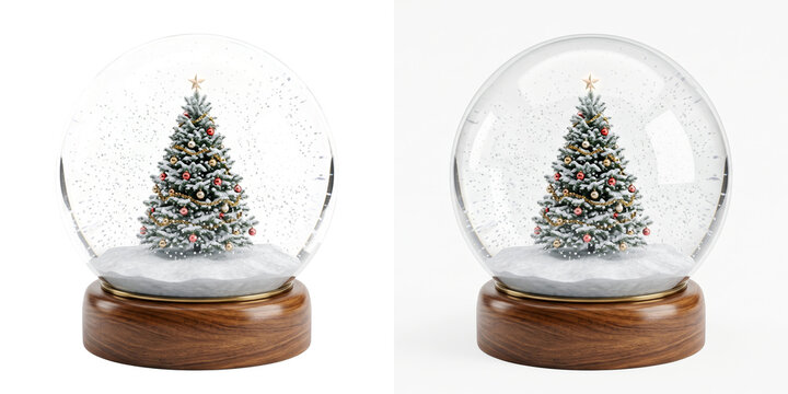 Decorated Christmas tree snow globe with red and gold ornaments on a dark walnut base shown as an isolated PNG transparent background