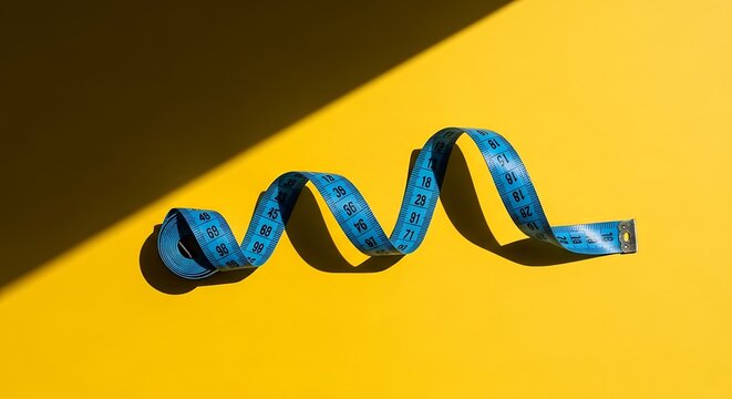Blue measuring tape coiled on a bright yellow surface with a diagonal shadow cast across the background