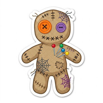 Cute Halloween voodoo doll made of burlap with button eyes, cross stitching, and colorful pins, flat vector illustration die-cut sticker on white background.