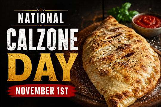 National Calzone Day November 1st with freshly baked Italian calzone pizza on a wooden board