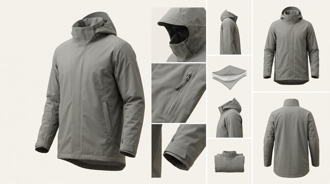 Technical fashion design sheet of grey hooded outdoor jacket with zipper detail views