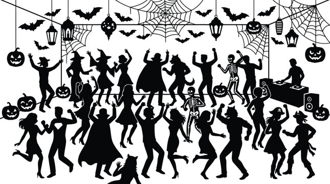 Halloween party silhouettes featuring dancing monsters, witches, vampires, and skeletons under spooky decorations