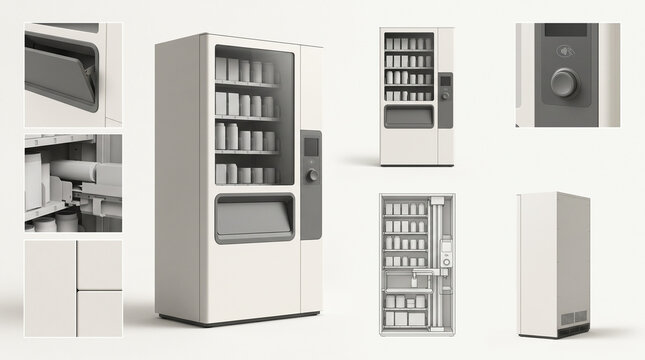 Minimalist commercial drink vending machine 3D design presentation on clean beige background