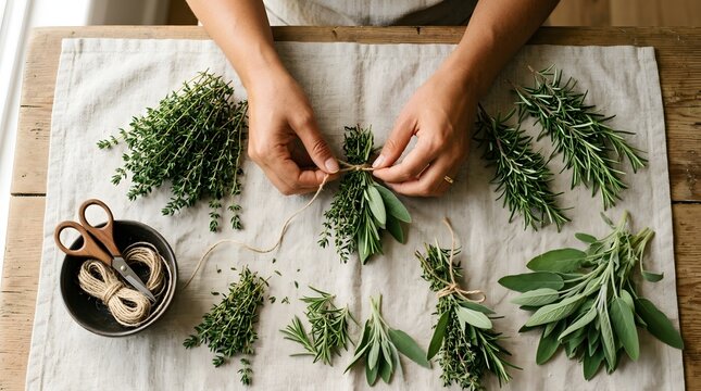 Hands tying bundles of fresh aromatic herbs on a wooden table