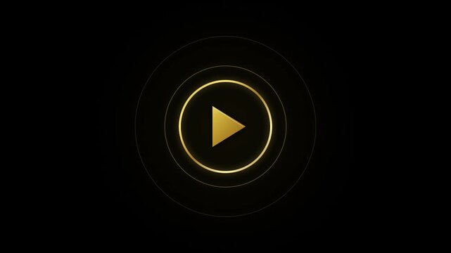 Golden play button icon with circular rings on a dark background for digital media interface