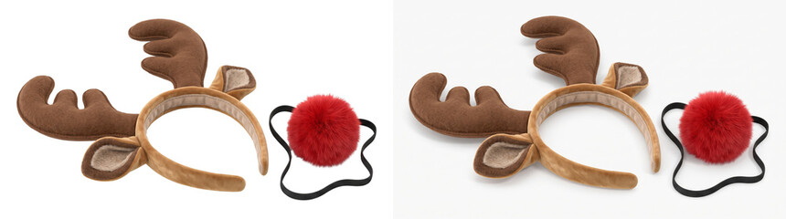 Plush reindeer antler headband with fuzzy ears beside a separate red pompom nose shown as an isolated PNG transparent background © Graphen