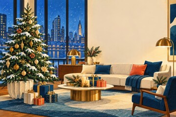 Fototapeta premium Festive Christmas living room overlooking snowy city skyline