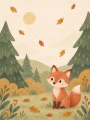 Fototapeta premium Cute watercolor fox in autumn forest with falling leaves