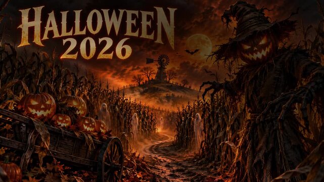 Spooky Halloween 2026 scene with a scarecrow and pumpkins ominous cornfield at night with a full moon perfect for holiday invitations and decorations