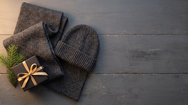 Gray knit scarf, beanie and black gift box on wooden table flat lay