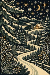 Obraz premium Vintage winter cabin beneath stars, moon, snowy forest mountains