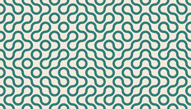 Seamless truchet pattern of connected quarter circle lines in teal on cream