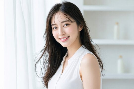 綺麗な瞳と唇が印象的な白い服を着て微笑む日本人女性のビューティーポートレート｜美容・化粧・ライフスタイルのイメージ