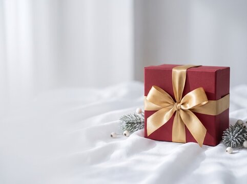 Red gift box with gold ribbon on white fabric with frosted pine